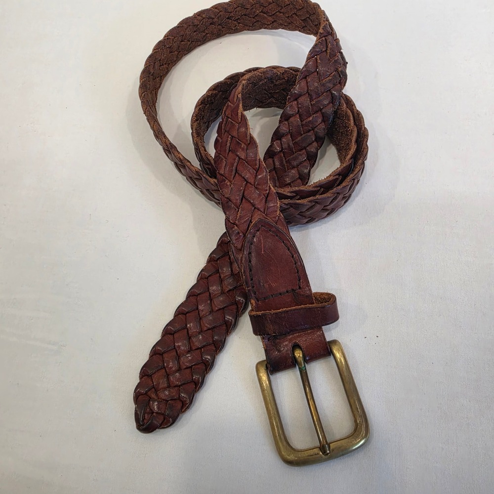 Made in England Braided Leather Belt Solid Brass Buckle Size 44 Brown Mens
